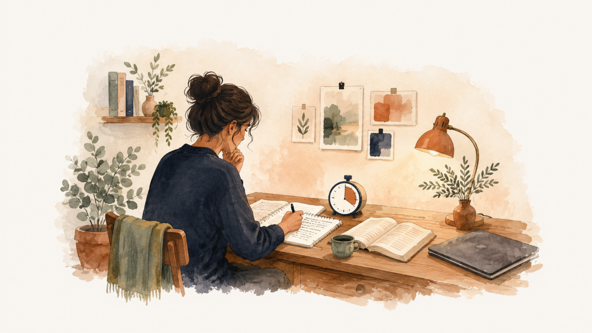 Femme écrivant dans un carnet près de livres, d’une minuterie et d’un ordinateur portable fermé.